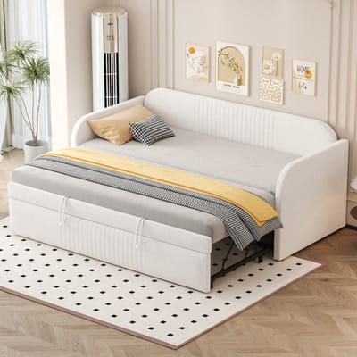 Gestoffeerd Uittrekbed - 90/180x190 cm - Vertikale Streifen + Lattenrost - Multifunctioneel + Linnen - Beige
