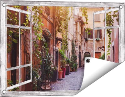 Gards Tuinposter Doorkijk Straatje in Rome met Groene Planten - 60x40 cm - Tuindoek - Tuindecoratie - Wanddecoratie buiten - Tuinschilderij