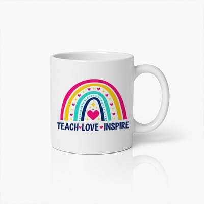 Teach Love Inspire Mok – Wit 330 ml – Kleurige Regenboog Lerarencadeau Koffiemok