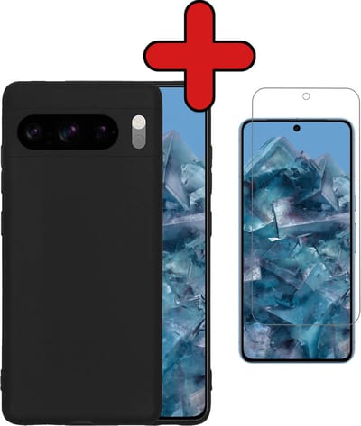 Hoesje - Met Screenprotector - Geschikt voor Google Pixel 8 Pro - Sterk & Shockproof - Telefoon Hoes - Back Cover - Siliconen Case - Telefoonhoes - Zwart