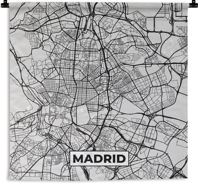Wandkleed - Wanddoek - Madrid - Zwart Wit - Stadskaart - Plattegrond - Kaart - 180x180 cm - Wandtapijt