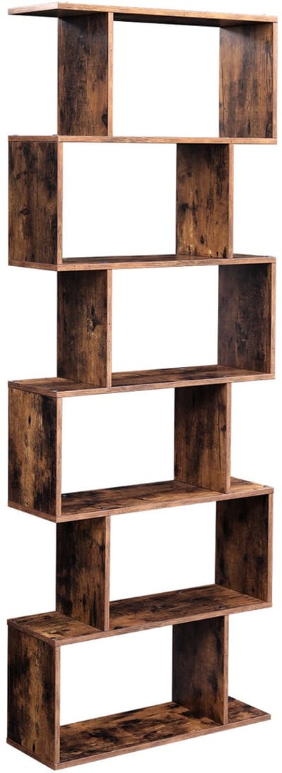 Boekenkast Vrijstaande decoratieve opbergkast Kamerscheiding Kubus displayrek Met 6 opbergvakken Modieus, uniek driedimensionaal ontwerp Stevig houten frame 70 x 24 x 190,5 cm Bruin