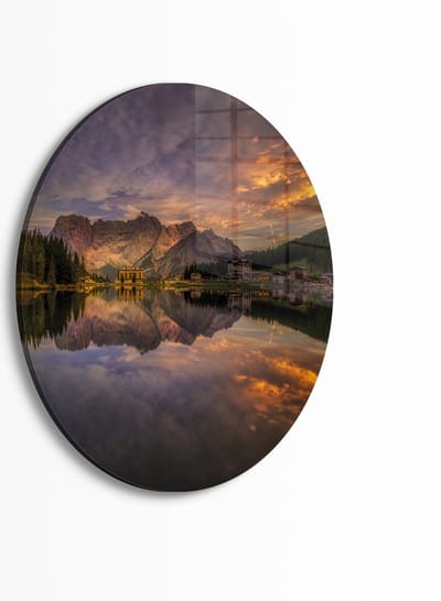 Indoorart - Muurcirkel Misurina Sunset Plexiglas 30 cm - Wanddecoratie - Afbeelding op Plexiglas - Inclusief ophangplaat