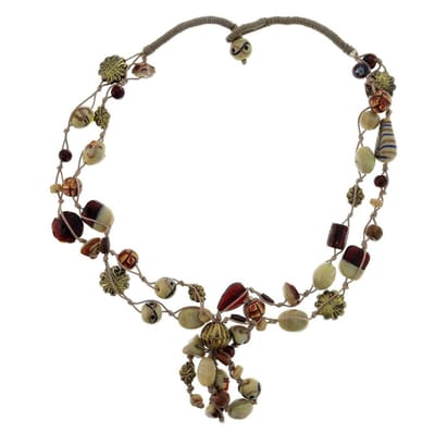 Behave - Bruine ketting met handgemaakte glas- en keramieken kralen 65,5cm