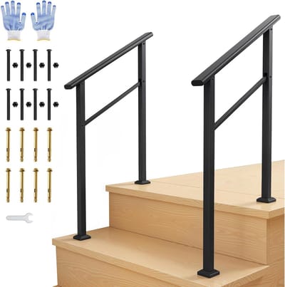 Verstelbare Trapleuning voor Buiten & Binnen - Aluminium Leuning met IJzeren Frame - Geschikt voor 2 Treden - Mat Zwart - Inclusief Montageset & 2 Paar Werkhandschoenen - 62 x 94 cm