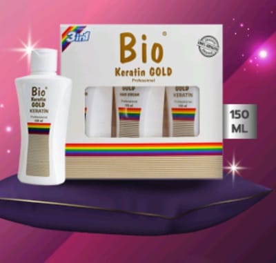 Bio Keratin Gold Professional 3-in-1 haarverzorgingsset, bestaande uit een shampoo, keratinebehandeling en conditioner. 3 x 150 ml