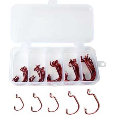50 stuks vishaken offset worm haken hoge koolstofstaal vishaken met plastic doos rood