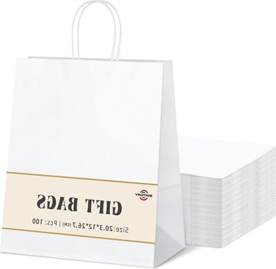 100 stuks witte geschenkzakjes - kleine papieren zakken met handgrepen voor feestgunst - christen Thanksgiving Kerstmis verjaardag bruiloft - 20 x 10 x 25 cm
