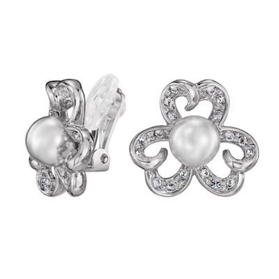 Traveller Clip Oorbellen - Oorclips Dames - Zilver - Parel - Ø 8 mm - Wit - Kristal - Preciosa Crystals - Geplatineerd - Bloem - Ø 20 mm - 114296