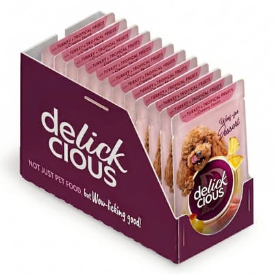 DELICKCIOUS volwassen honden natvoer vlokken met kalkoen en tropisch fruit in romige saus 12x80g