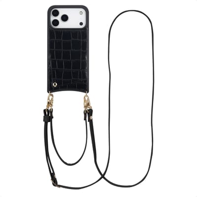 Selencia Hoesje - Geschikt voor Apple iPhone 17 Pro Max - Croco Backcover met koord en pashouder - Zwart