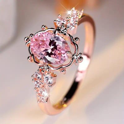 Anneaux Fleur en Cuivre Luxe Zircon Rose Cristal Pierre Ovale Pour Femmes Alliance Bijoux de Mariée Cadeau de Fiançailles 9