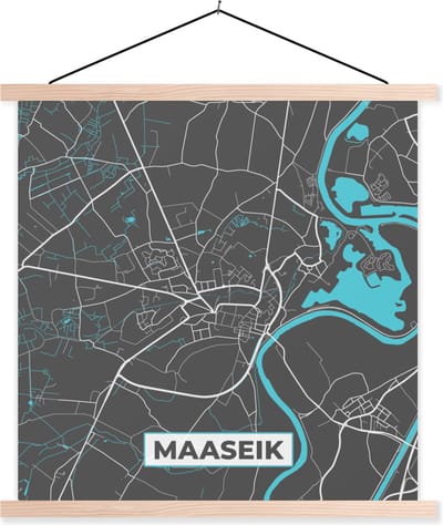 Posterhanger incl. Poster 40x40 cm - Schoolplaat - Kaart – Plattegrond – Stadskaart – Maaseik – België - Grijs - Textielposter - Blanke latten - Stadskaart