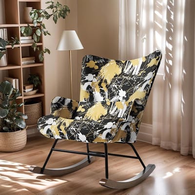 HomeMiYN Schommelstoel – Linnen Look Zwart Goud Letter Graffiti Rocking Chair – Moderne Design Fauteuil – Comfortabele Wipstoel met Hoge Rugleuning voor Woonkamer en Slaapkamer