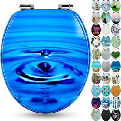 Premium toiletbril met softclosemechanisme, hoogwaardig toiletdeksel van hout, vele kleurrijke motieven, hoog zitcomfort, eenvoudige montage, 'Waterdrop'