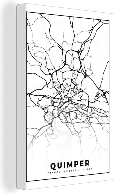 Canvas Schilderij Stadskaart - Plattegrond - Quimper - Kaart - Frankrijk - Zwart wit - 20x30 cm - Wanddecoratie