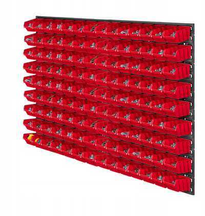 KADAX Werkplaatswandrek, 116 x 78 cm, opslagsysteem van robuust kunststof, uv-bestendig werkplaatsrek, uitbreidbare wandplaten, opbergrek voor garage, rood, 140 stuks