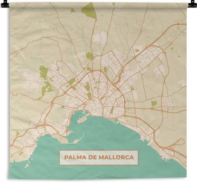 Wandkleed - Wanddoek - Mallorca - Stadskaart - Vintage - Plattegrond - Kaart - 180x180 cm - Wandtapijt