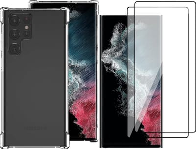 Hoesje geschikt voor Samsung Galaxy S22 Ultra - Anti Shock Proof Siliconen Back Cover Case Hoes Transparant - 2x PET Glasfolie Screenprotector