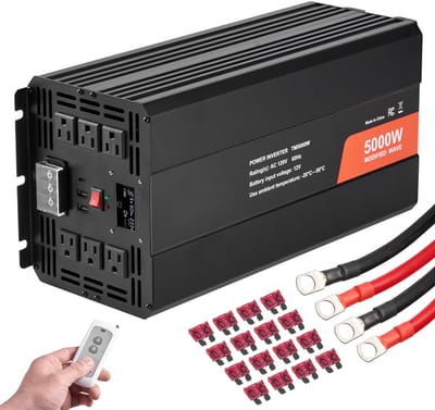 5000 W Gemodificeerde Sinusomvormer, DC 12 V naar AC 230 V, 2 AC Stopcontacten, 2 USB-poorten, 1 Type-C Aansluiting, LCD-display, Afstandsbediening voor Hoogvermogen Apparaten, CE-FCC-gecertificeerd