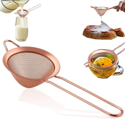 Vergiet - keukenzeef - theezeef met lange steel - conisch vergiet - cocktail zeefje - roestvrij staal - geschikt voor het filteren van thee, meel, koffie, cocktails (23*8,5cm - roségoud)