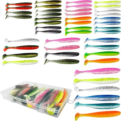 Rubber Vissen Lure Bait Set van 46 Stuks met Reflecterende Sequins voor Snoek, Baars en Forel, 6/9/12 cm