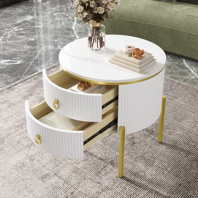 Salontafel - Verstelbaar met Laden - Marmerlook en Gouden Poten - MDF - Wit Goud