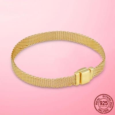 Reflexions Mesh Armband 925 Sterling Zilver Goud Kleur Sprankelende Sluiting Reflexions Armband Sterling Zilver Sieraden Maken Cadeau 18cm beige