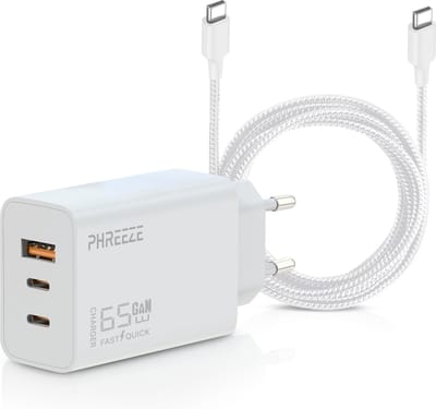 3-in-1 USB C Adapter 65W - 3 Meter Oplader USB C naar USB C Kabel - Snellader voor Laptop, Telefoon, Tablet, Koptelefoon, Oortjes, Powerbank etc.,