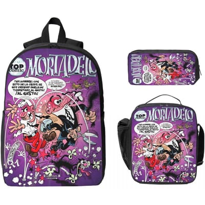 Set de 3 Sacs d'école Mort & Phil Mortadelo Y Filemn pour Filles Garçons Trousses à Crayons Sacs à Dos avec Boîte à Lunch Pour Étudiants
