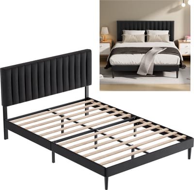 KUTAS Gestoffeerd Bed 140x200 cm met Hoofdbord en Lattenbodem - Metalen Bedframe - Tweepersoonsbed met 17 cm Opbergruimte - Gemakkelijk te Monteren