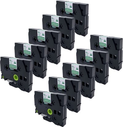 DULA Brother Compatible label tape- Tze-735 - 10 cassettes - Brother P-Touch - Wit op groen - 12mm x 8m