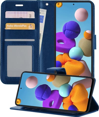 Hoesje - Met Pasjeshouder - Geschikt voor Samsung Galaxy A51 - Luxe Bookcase Portemonee - Flip Case - Kunstleer Book Case - Flipcase - Book Cover - Walletcase - Portemonneehoes - Telefoonhoesjes - Donkerblauw