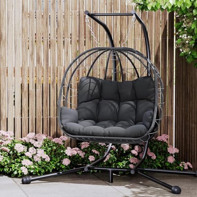 Dubbele Hangstoel - Schommelstoel met standaard - Buiten ontspannen - Weerbestendig rotan - 160x109x201cm - Grijs