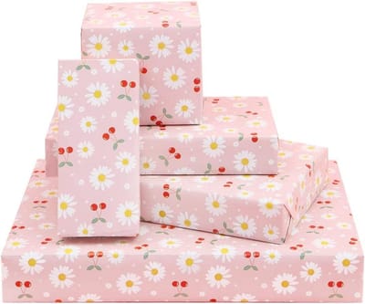 Allecta - Madeliefje bloemen cadeaupapier roze met rode kersen - 4 vellen - kinderen - verjaardag - bruiloft