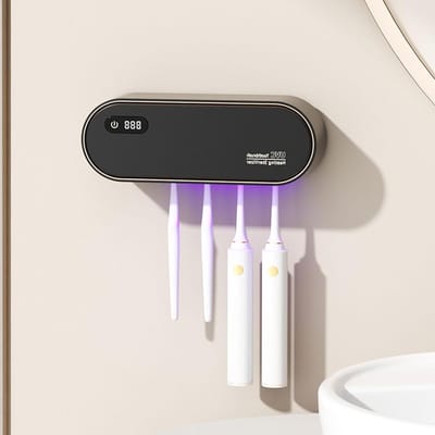 UV Sanitizer Wandhouder voor Tandenborstels zonder Boren met Droog- en Timerfunctie, Oplaadbare 1800 mAh, 4 Slots, Badkameraccessoires voor Kinderen en Volwassenen, Hygiëne en Organisatie