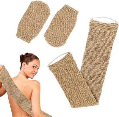 Famanu – Rugschrobber, 3 stuks rugschrobber voor douche, bamboevezel, scrubhandschoen set, dubbelzijdige rugpeeling washandjes met 1 ruggordel + 2 exfoliërende handschoenen (bruin)