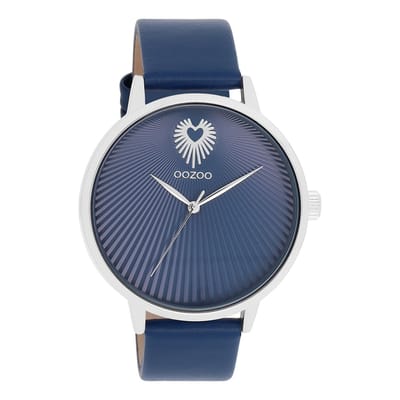 OOZOO Timepieces - Zilverkleurige OOZOO horloge met blauwe leren band - C11243
