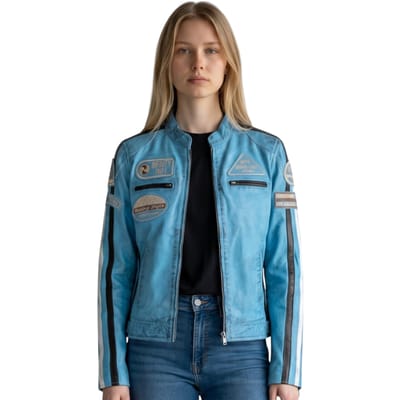 Dames Biker Racing Badges Blauwe Leren Jas-Incheon