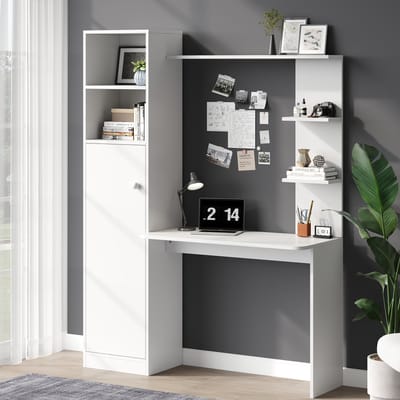 MIVRAY Bureau Met Kast En Open Planken - Multifunctioneel Voor Werk En Studie - Wit MDF - 123,5 X 45 X 168,5 Cm