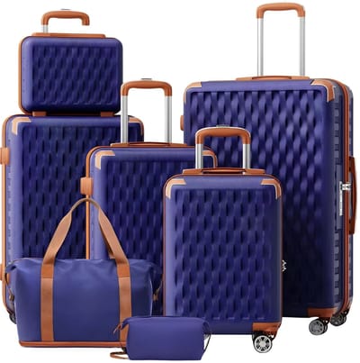Reiskofferset – Voor reizigers – Duurzaam en lichtgewicht – 7-delige set in navy blauwe schaal met TSA-slot, reiskoffer, reistas en toilettas