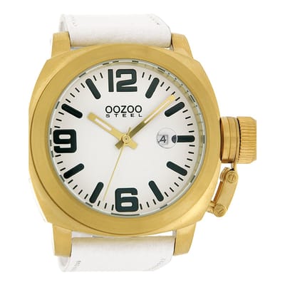 OOZOO Timepieces - Goudkleurige horloge met witte leren band - OS157