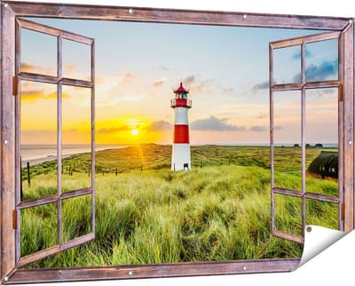 Gards Tuinposter Doorkijk Vuurtoren met Zonsopgang op een Eiland - 150x100 cm - Tuindoek - Tuindecoratie - Wanddecoratie buiten - Tuinschilderij