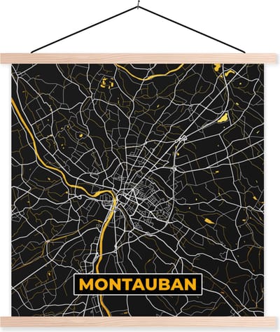 Posterhanger incl. Poster 40x40 cm - Schoolplaat - Kaart - Frankrijk - Plattegrond - Montauban - Stadskaart - Textielposter - Blanke latten - Stadskaart