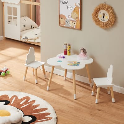 Kindertafelset Epim met 2 kinderstoelen wolkdesign wit en naturel [en.casa]
