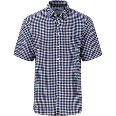 Fynch-Hatton Overhemd Pure Linnen Classic Check Short Sleeve Navy / male