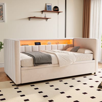 Wishdor Slaapbankbed met Uitschuifbed – 90 x 190 cm – Usb Type-C en Ledverlichting – Fluweel Beige – Houten Lattenbodem – Klassieke Knoopstructuur – Ruimtebesparend voor Woonkamer of Logeerkamer – Stevig tot 260 kg