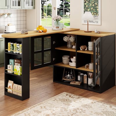 BLACKCOLORS 360° draaibaar buffet, eenvoudig en modern, multifunctioneel, geschikt voor de slaapkamer, woonkamer, eetkamer, met snackplank, 5 opbergvakken, draaibaar buffet met planken en glas, zwart