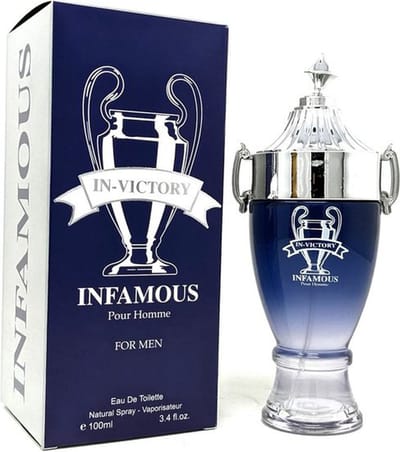 In-Victory Infamous Eau de Parfum voor Heren 100 ml - Fragrance Couture. Intense en moderne geur met citrus-, aromatische en houtachtige noten, gebalanceerd met een warme en kruidige basis.
