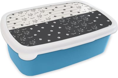 Broodtrommel Blauw - Lunchbox - Brooddoos - Katten - Pootjes - Patronen - Huisdier - 18x12x6 cm - Kinderen - Jongen
